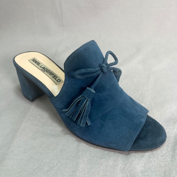 Karl Lagerfeld Paris Holly Blue Tassel Sandals Suede Mules Italy Size 6.5 - Picture 1 of 13